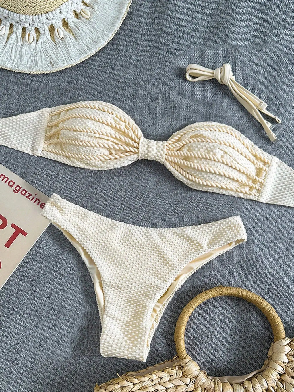 Sexy Bandeau Bikini 2026 Women Coffee Braiding Rope Pleate Tie Push Up High Waist Swimsuit Beach Holiday Bathing Suit Swimwear
