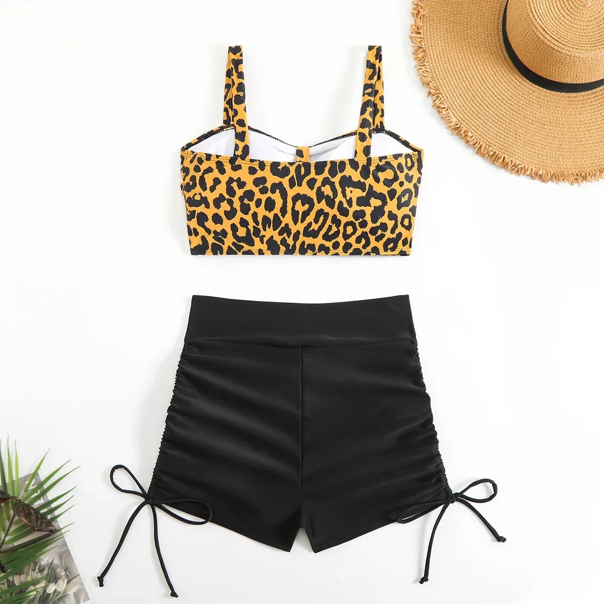 Vintage Black Leopard Print Bikini Set 2025 Women Drawstring Side High Waist Panties Swimsuit Bathing Suit Swimwear Beachwear