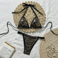 Sexy Brozing Black Leopard Print Bikini Women Halter Push Up Bra Pleate Thong Swimsuit 2026 Beach Bathing Suit Holiday Swimwear