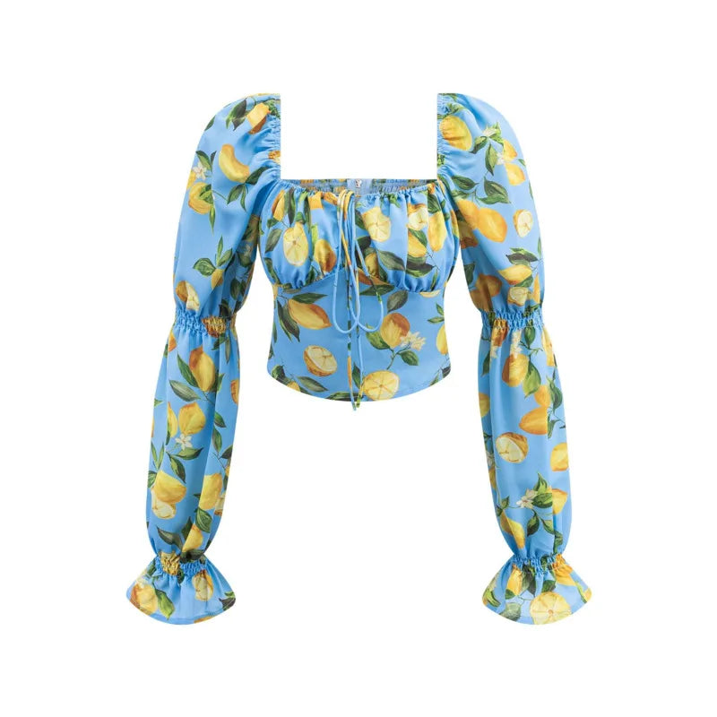 French Vacation Style Casual Sky Blue Lemon Print Short Shirt For Woman Pure Desire Elegant For Women Square Neck Summer WTGS