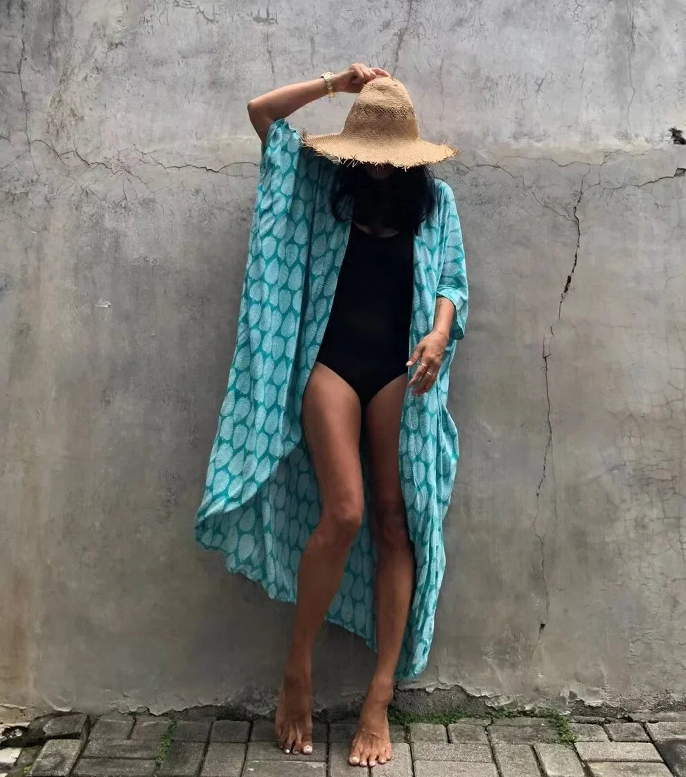 2024 New Summer Sexy Beach Kimono Swimwear Cotton Cover Up Swimsuit Women Print Bikini Cover Up Beachwear Dress Robe