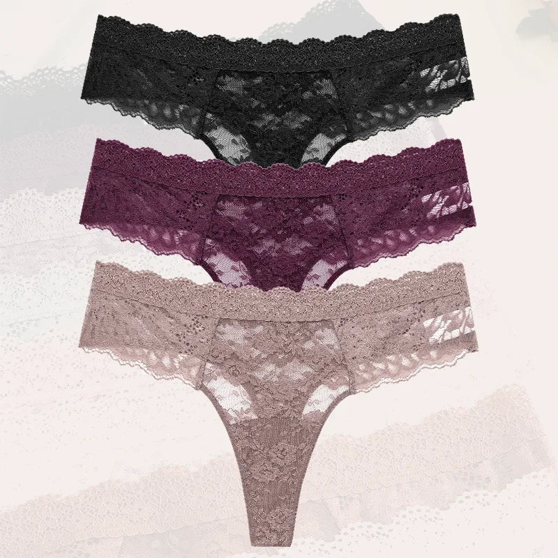 3Pcs Lace Sexy Thongs Women Low-Rise Briefs Sexy Soft Ladies Underwear Trendy Floral Underpants Female Flowery Panty Lingerie