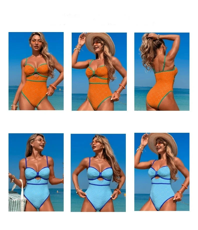 Sexy White Dot Print Print One Piece Swimsuit 2025 Women Hollow Hole Out Front Bow Push Up Beach Bathing Suit Holiday Swimwear
