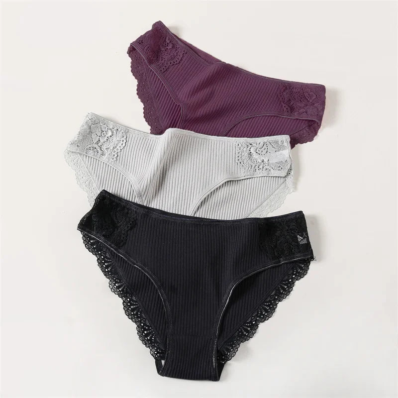 3Pcs/set Women's Cotton Panties M-2XL Trendy Patchwork Lace Underwear Female Low Waist Briefs Ladies Comfortable Underpants 2023