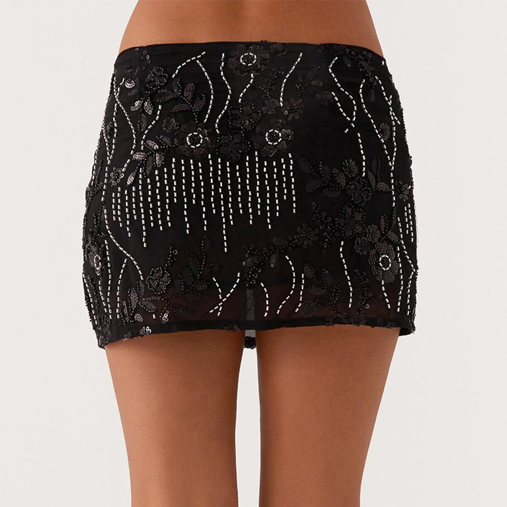 Women Sequin Mini Skirts Beaded Flower Y2k Pearl Embellished Low Rise Mini Bodycon Skirt Glitter Short Skirts Summer Streetwear