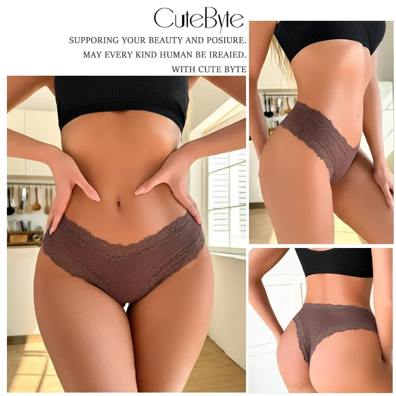 New Lace Seamless Cotton Panties Ribbed Maillard Brazilian Pants LowWaist Women Panties Breathable Girls Underwear Soft Lingerie