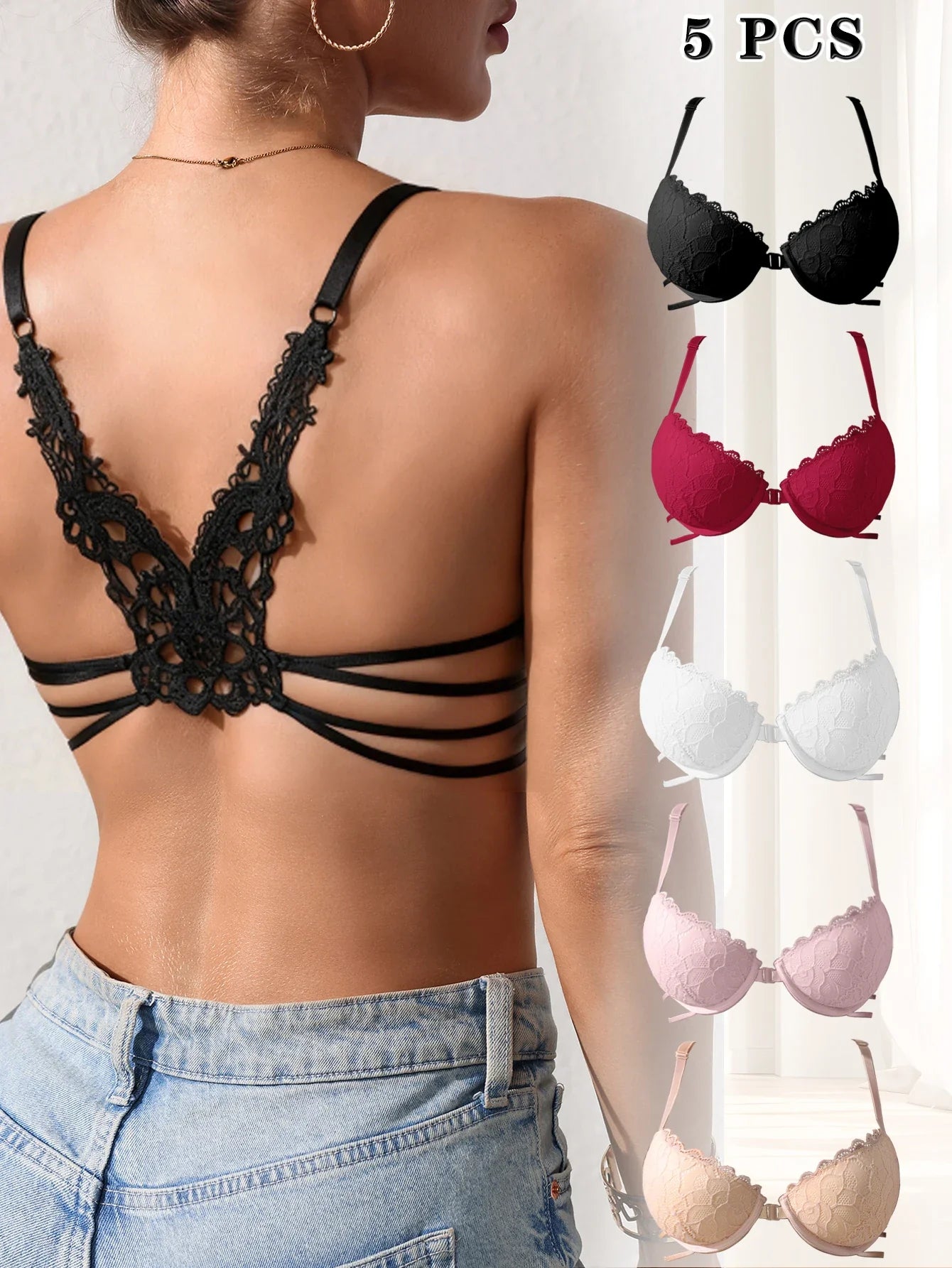 Women's Lace Butterfly Back Beauty Push up Sexy Bras Modern Trend Solid Color Front Buckle Bra for Woman