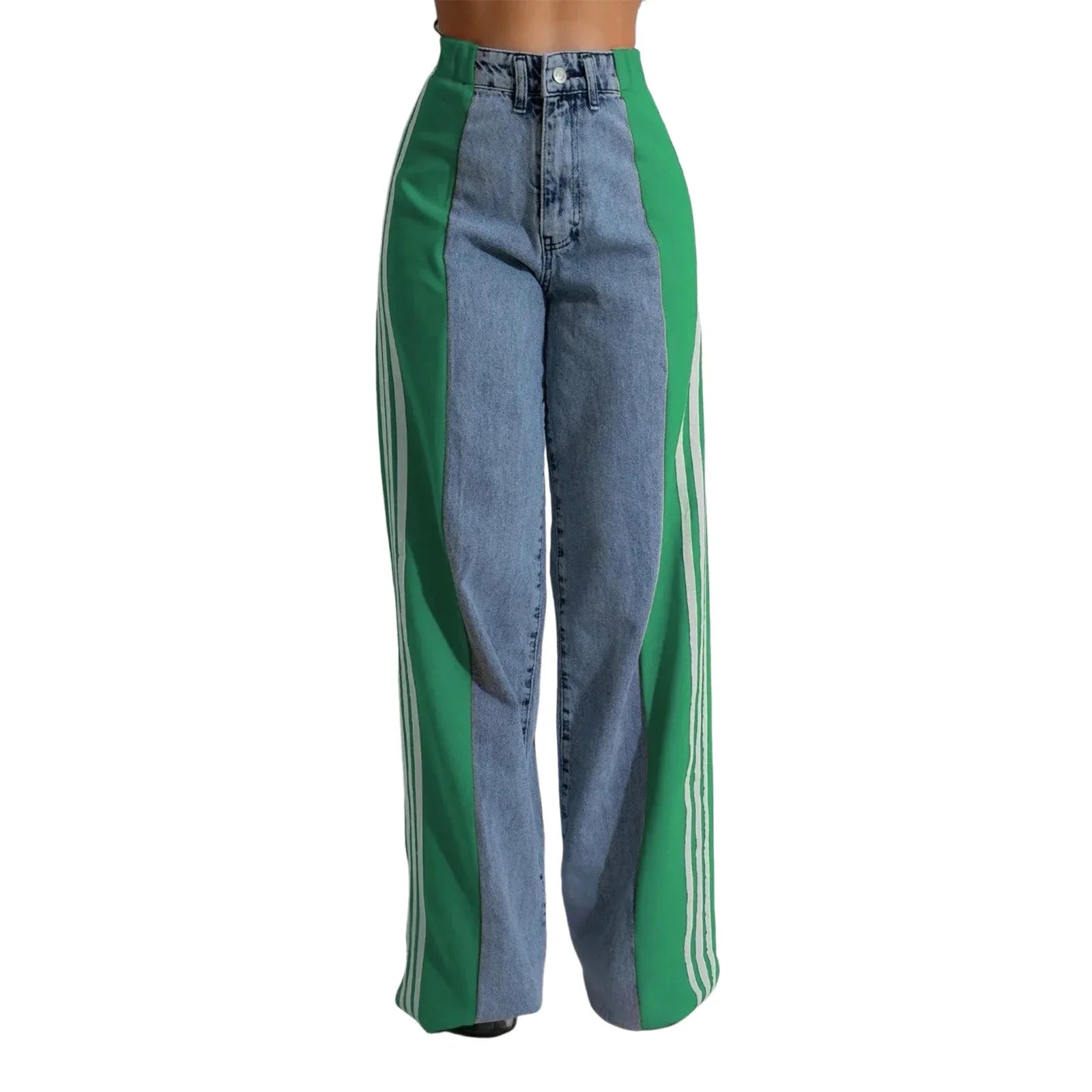 Women's Spring Summer Baggy Jeans Pants High Waist Loose Wide Leg Side Striped Denim Pants Streetwear