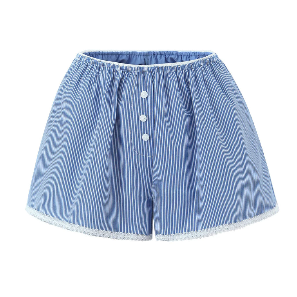 New French Style Lazy Loose Home Casual Button Lace Stripe Shorts For Woman Casual Elegant Fashion Style Pure Desire Casual QRCF