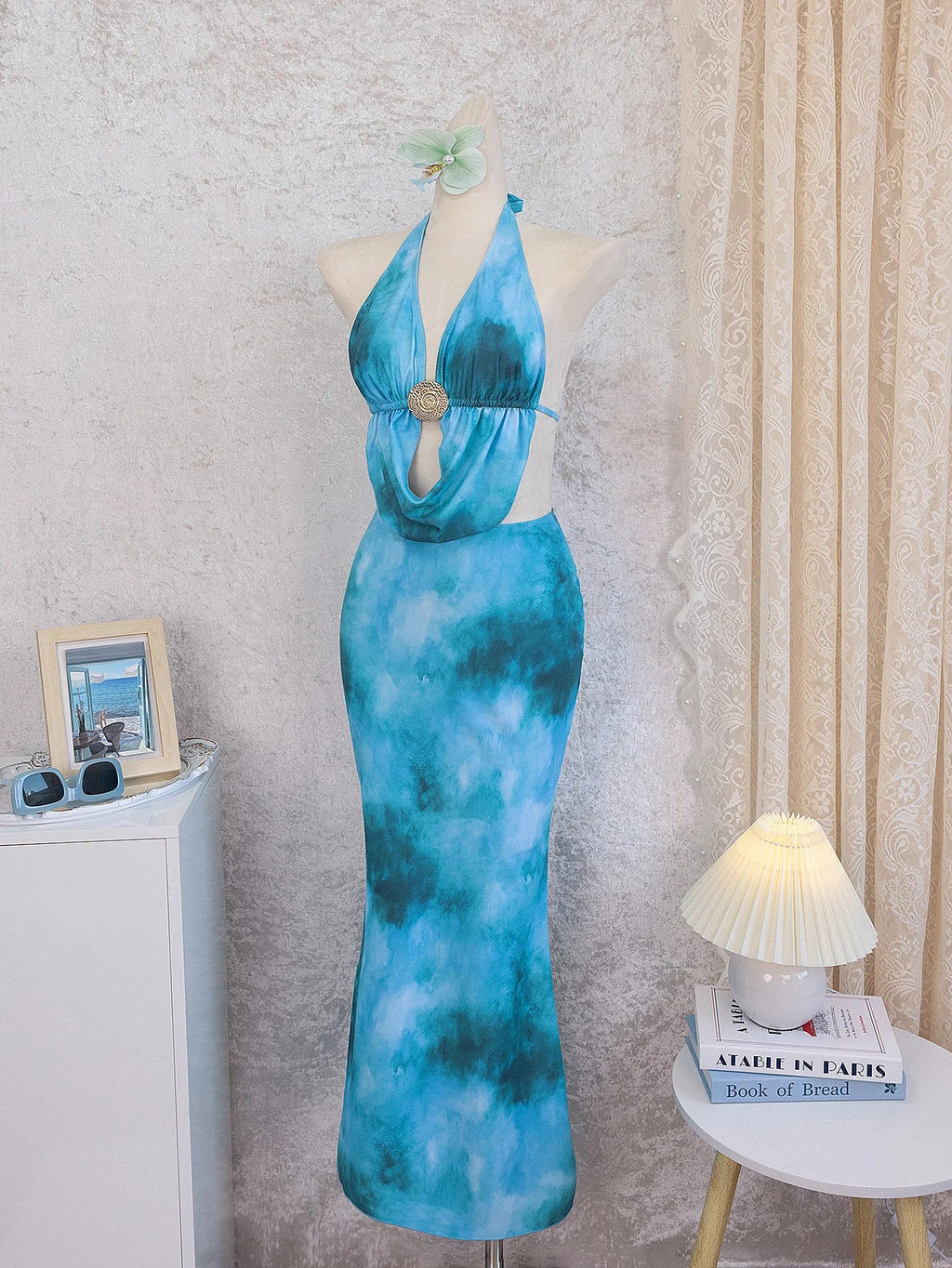 Sexy Blue Tie Dye Gradient Bikini Set Women Metal Circle Ornament Push Up Long Skirt Swimsuit Beach Bathing Suit Swimwear 2026