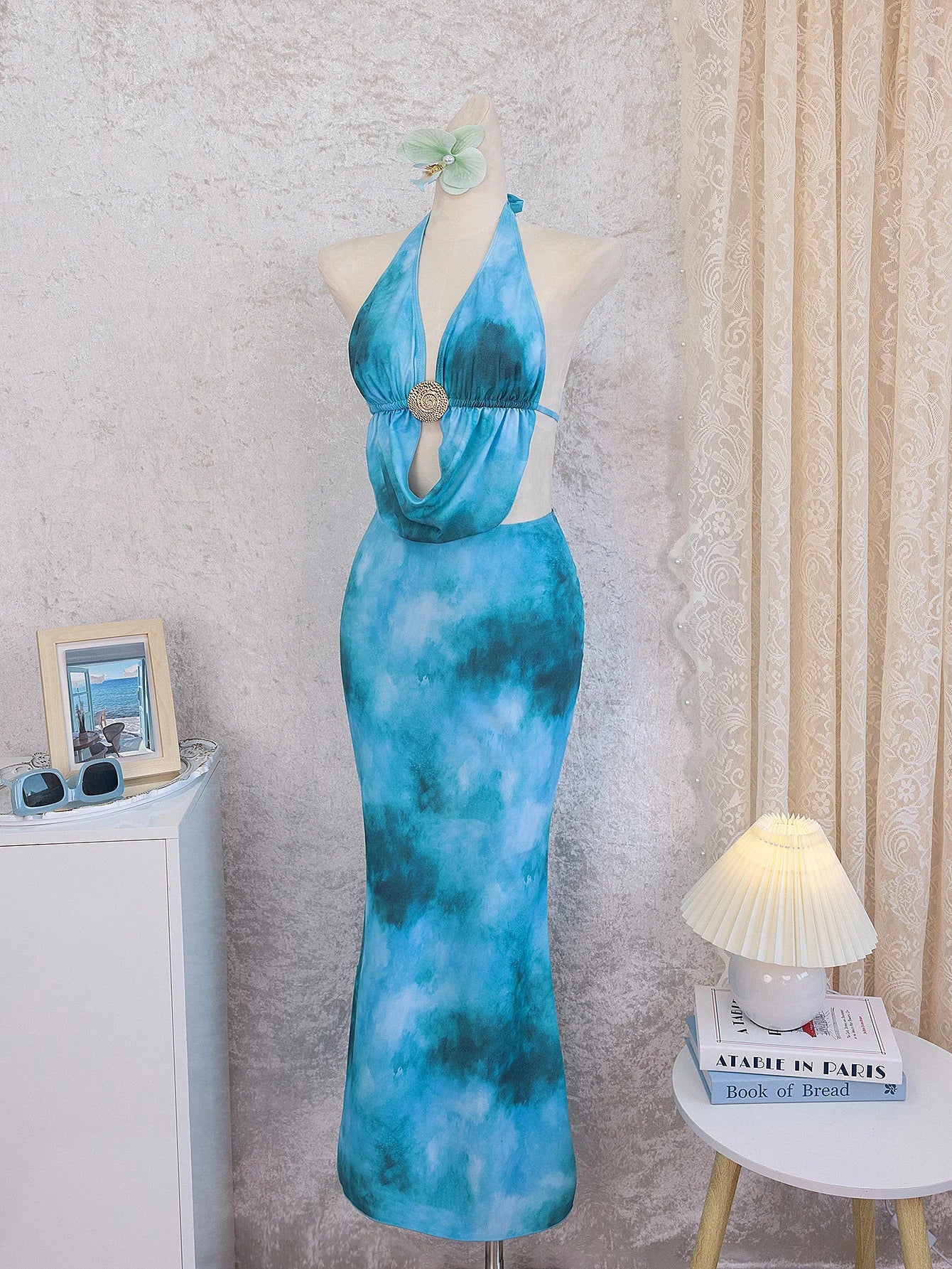 Sexy Blue Tie Dye Gradient Bikini Set Women Metal Circle Ornament Push Up Long Skirt Swimsuit Beach Bathing Suit Swimwear 2026