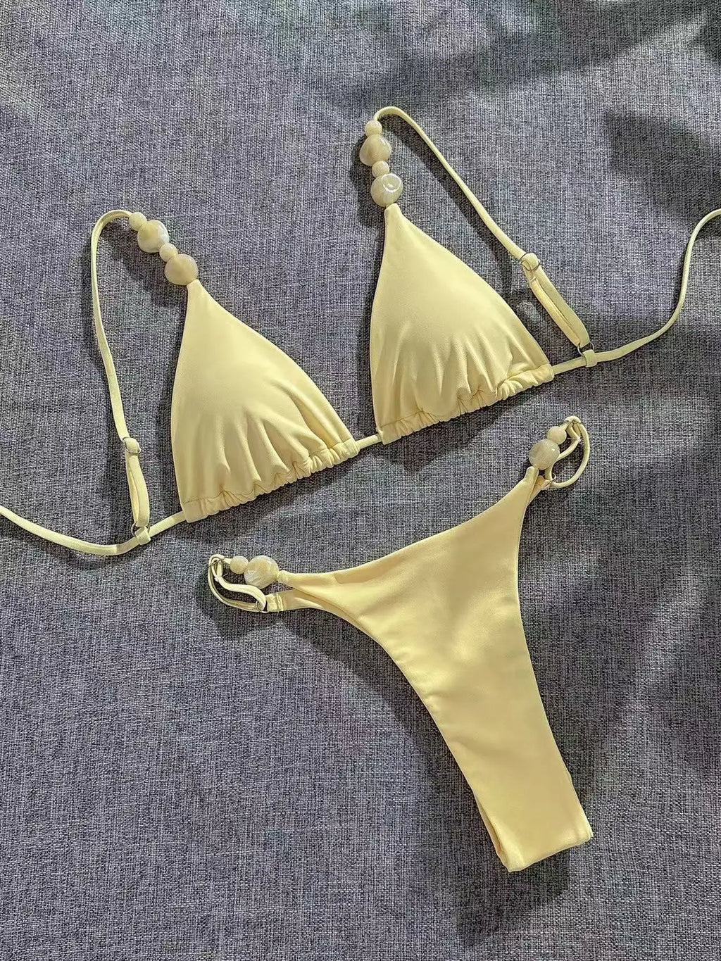 Sexy Pearls Strap Micro Bikini 2026 Women Yellow Halter Push Up Bra Pleate Thong Swimsuit Beach Bathing Suit Vacation Swimwear
