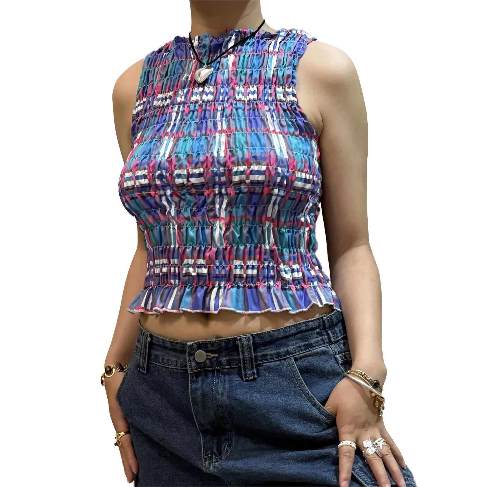 Women Summer Smock Tank Tops Casual Fashion Ruffle Hem Plaid Print Sleeveless Shirt Basic Vest Streetwear