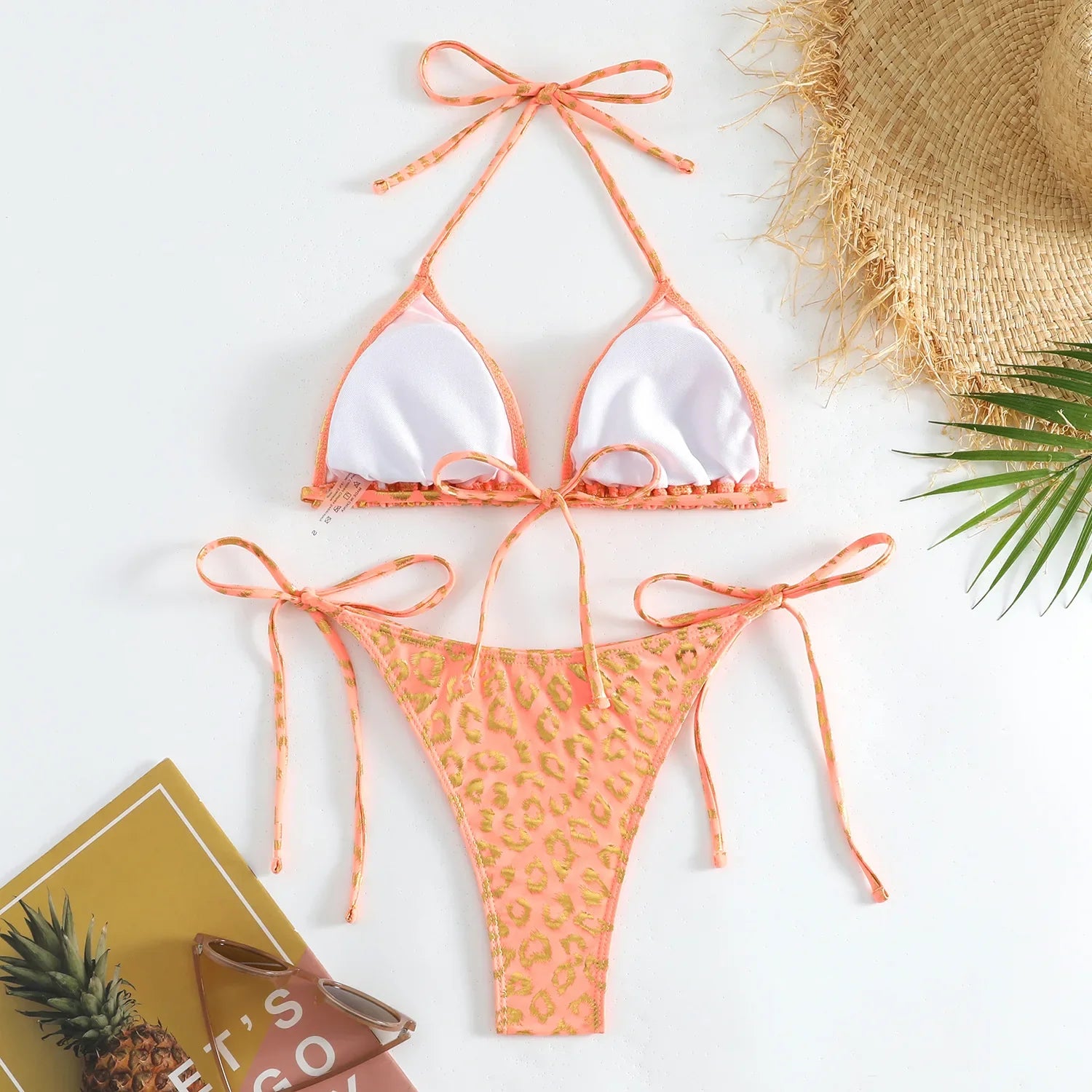 Sexy Orange Leopard Print Bikini Set 2024 Women Halter Push Up Bra Tie Side Thong Swimsuit Summer Backless Bathing Suit Swimwear