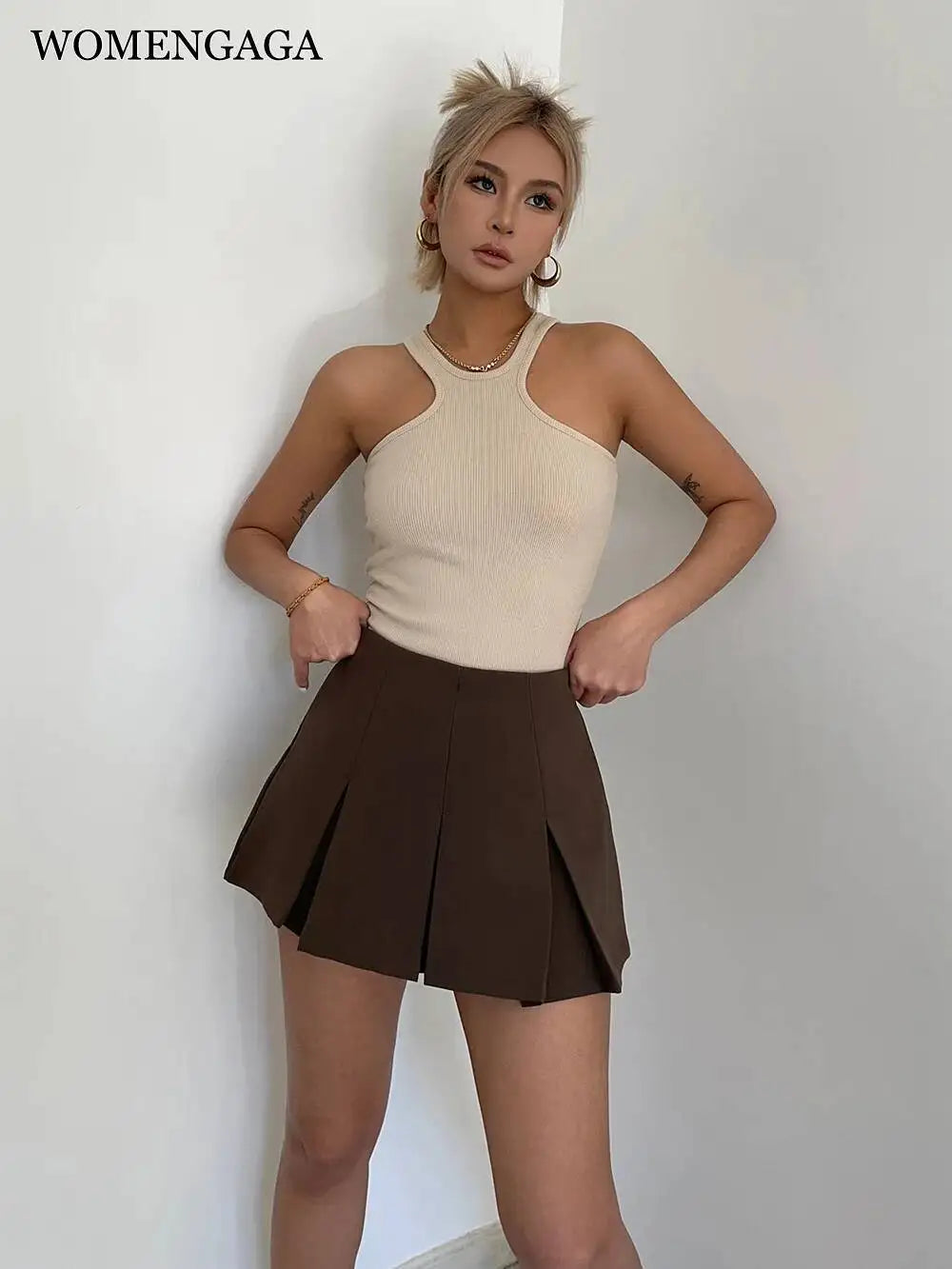 WOMENGAGA American High Street A-line Short Unif School Girl Fairy Grunge Skirt High Waist Pleated Skorts Streetwear Lovely HM2O