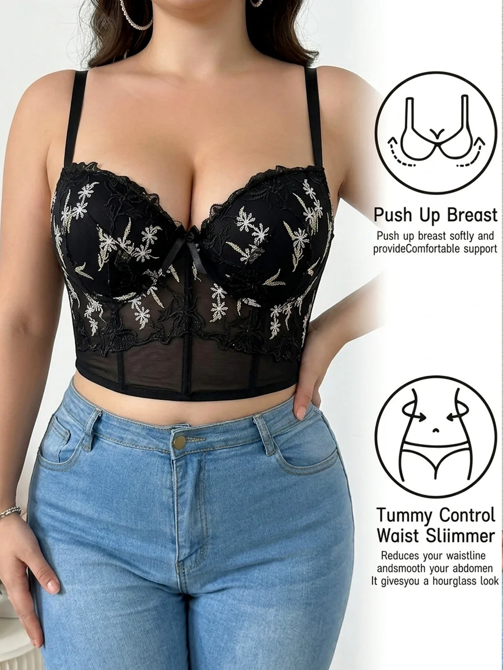 Plus Size Floral Embroidered Lace Bustier Bra – Push Up, Tummy Control & Non-Slip Corset Top