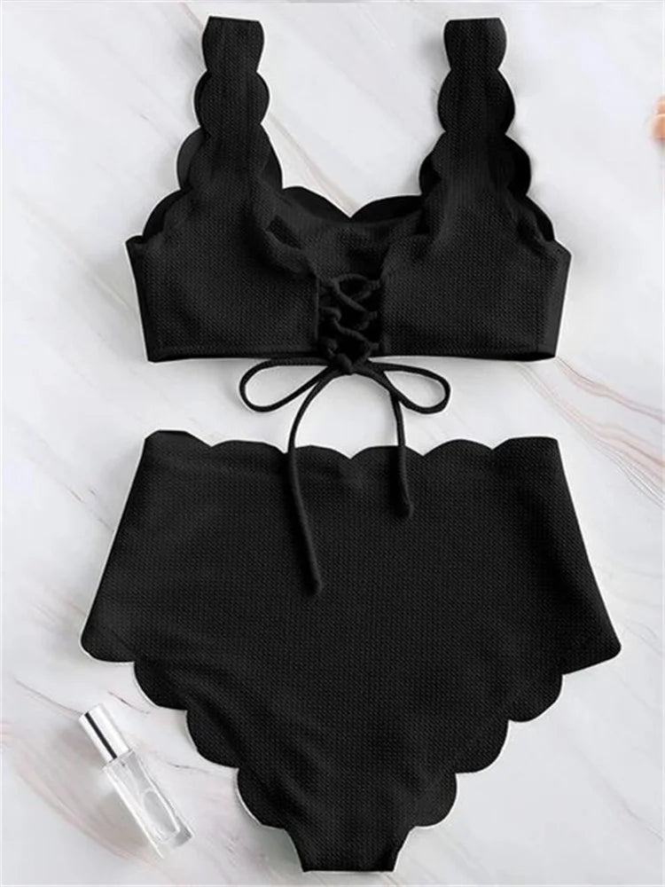Solid Blue Two Pieces Swimsuit Bathing Suits Bikini Women Scalloped Textured High Waisted Bikini Set Lace Up Bathing Suits XXL