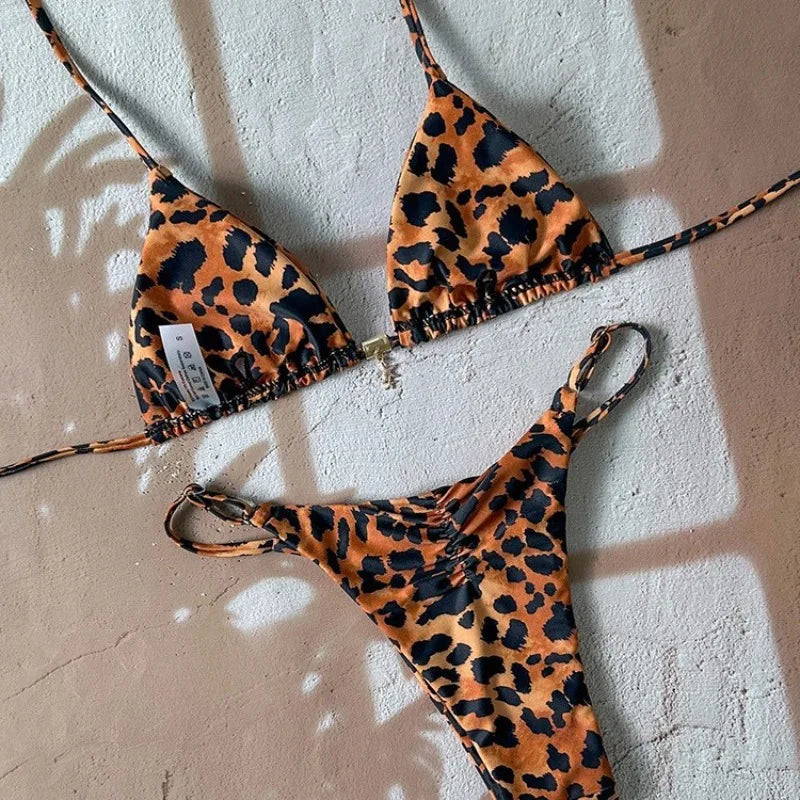 2026 Sexy Bikini 2 Piece Set Drawstring Straps Black Leopard Print Swimsuit For Women Summer New A Knot On The Chest