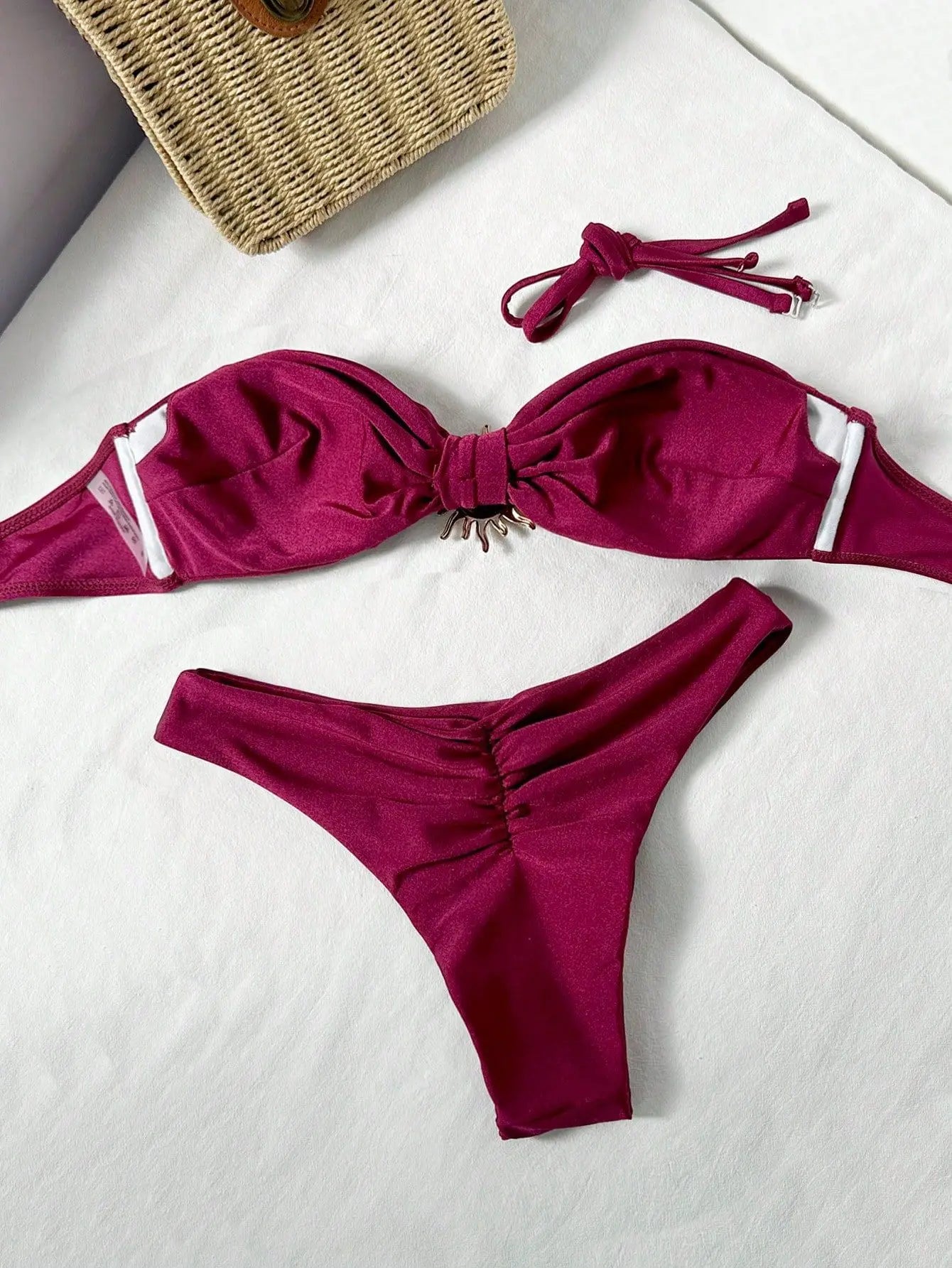 Sexy Bandeau Bikini 2026 Women Coffee Braiding Rope Pleate Tie Push Up High Waist Swimsuit Beach Holiday Bathing Suit Swimwear