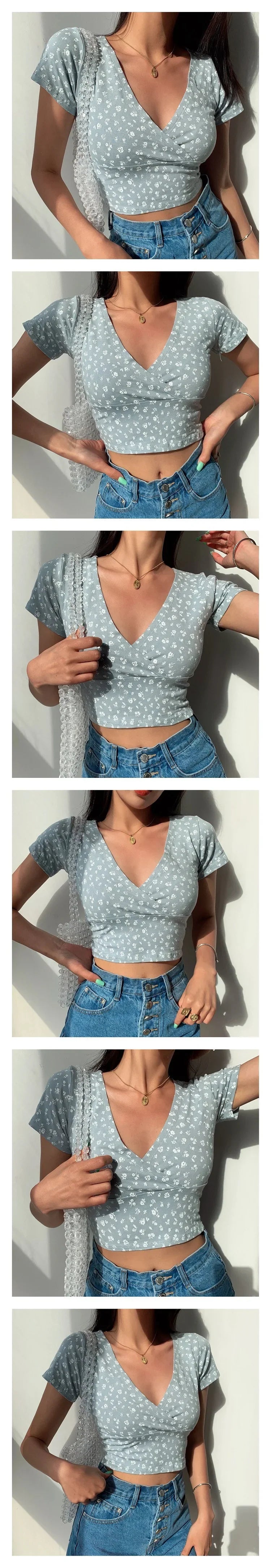 Summer French retro floral V-neck short-sleeved T-shirt Slim slimming wild high waist T-shirt women's top
