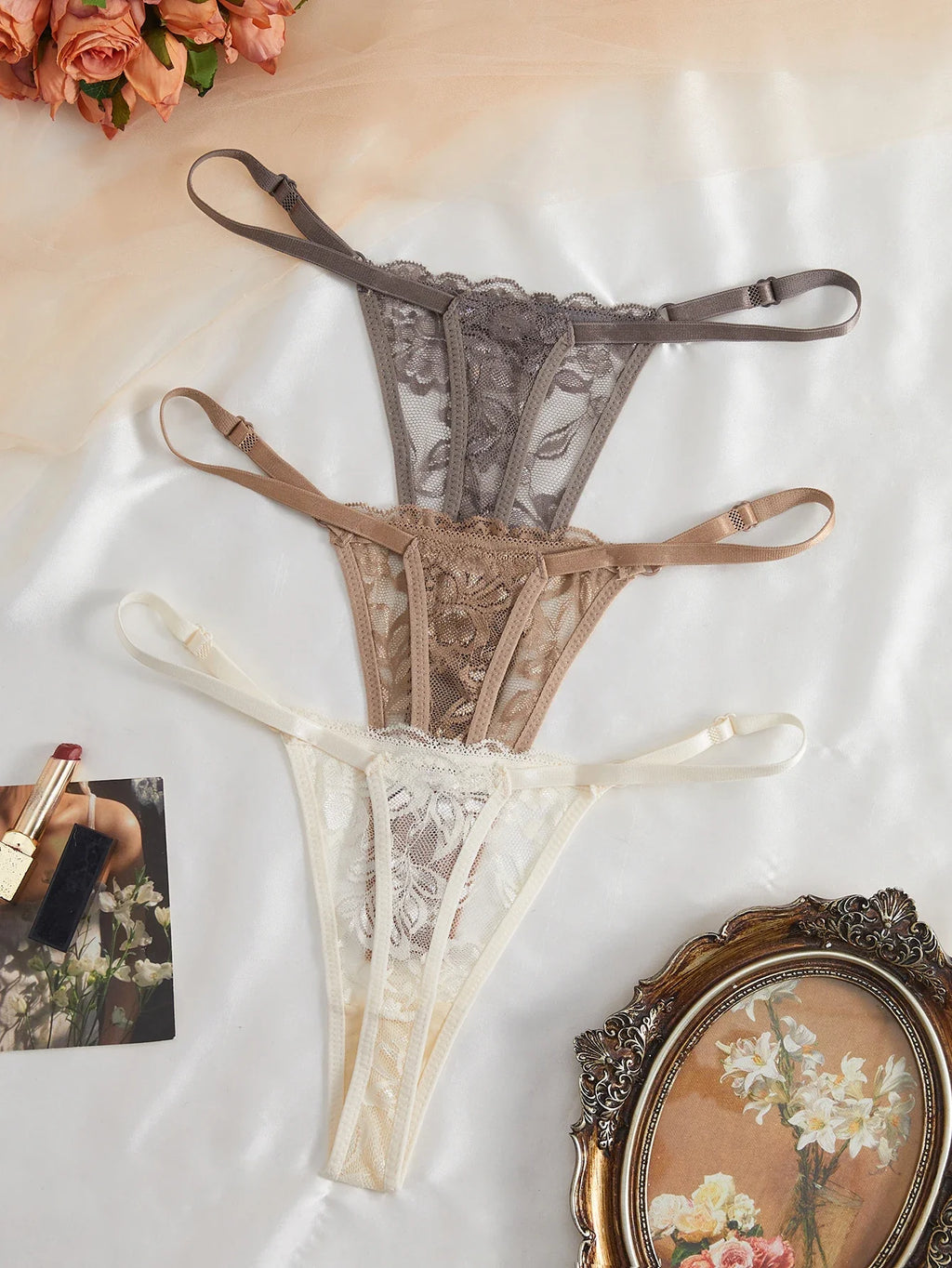 3-Pack Women's Sexy Lace Panties Underwear, Adjustable Strap Floral Lace Sheer Mesh Sexy Thong