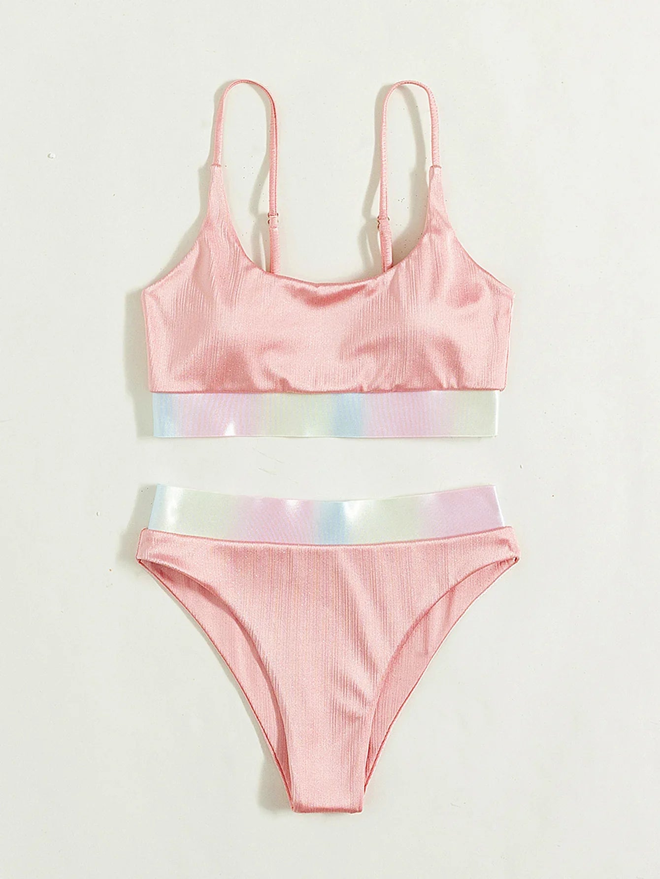 Shiny Pink Contrast Bikini Set Women Halter Push Up Patchwork High Waist Swimsuit 2025 Designer Bathing Suit Two Piece Swimwear