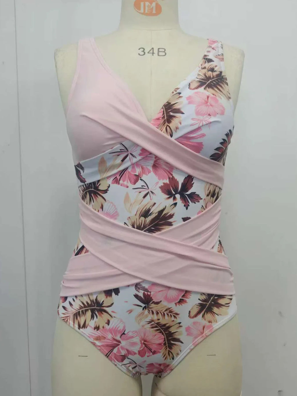 sexy Pink Floral Print Patchwork Swimwear Women 2026 V Neck Cross Tummy Control One Piece Swimsuit Beach Bathing Suit Swimwear