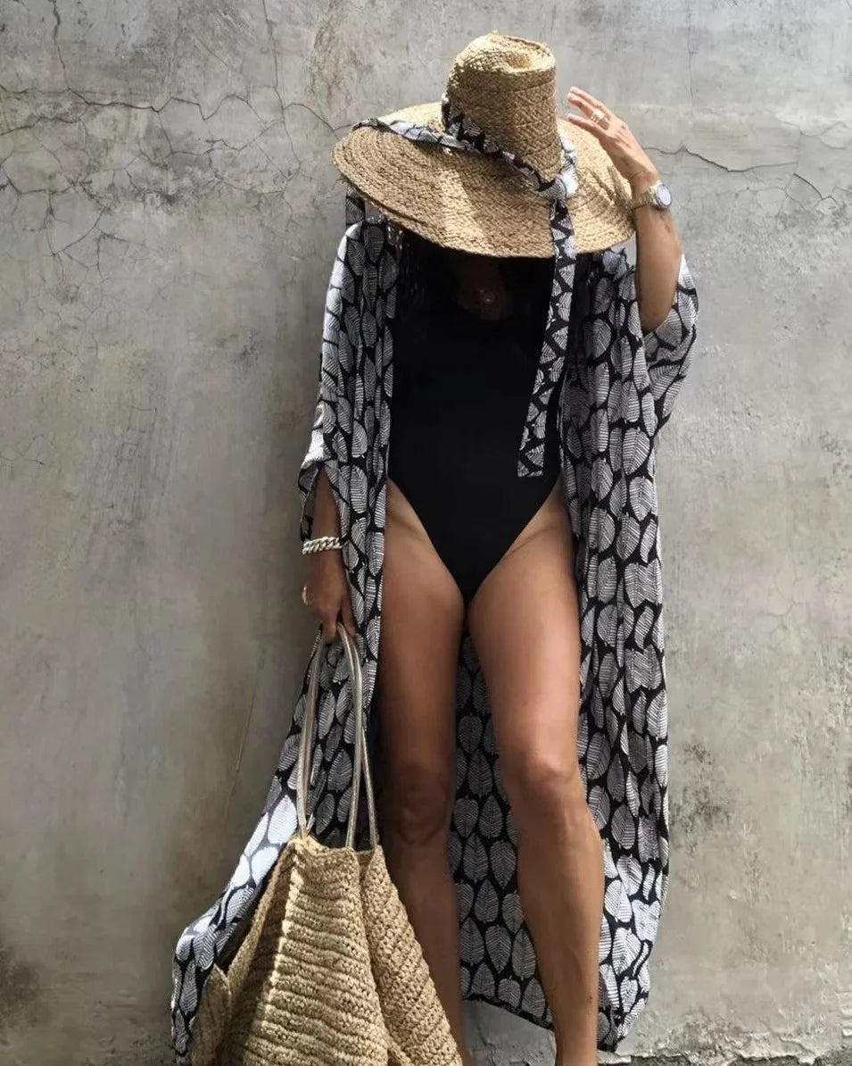 2024 New Summer Sexy Beach Kimono Swimwear Cotton Cover Up Swimsuit Women Print Bikini Cover Up Beachwear Dress Robe