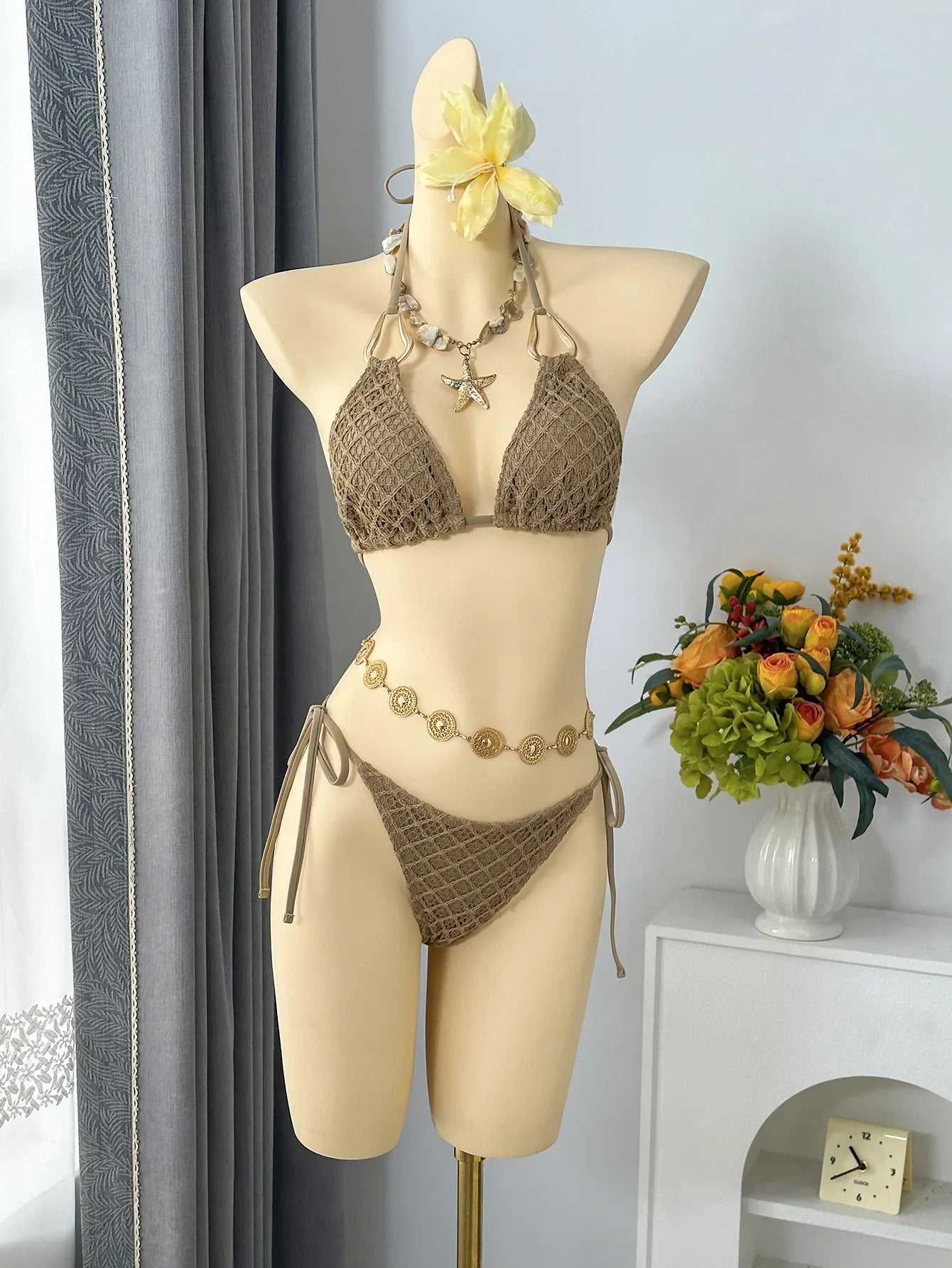 Vintage Beige Black Mesh Skirt 3 Piece Bikini Set 2026 Women Metal Chain Strap Push Up Bra Swimsuit Beach Bathing Suit Swimwear