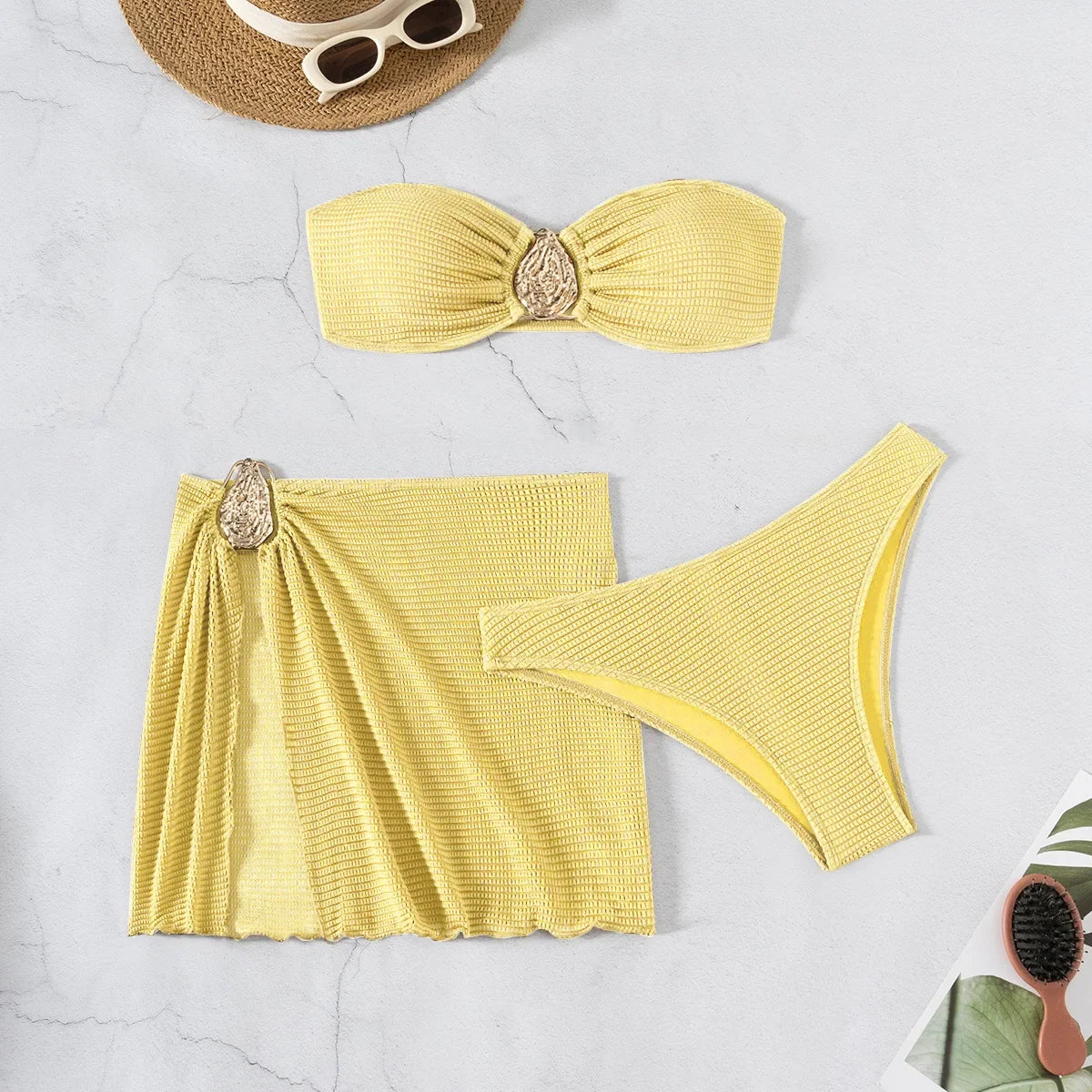 2026 New Sexy Bandeau Bikini Women Metal Water Droplet Ornament Push Up Mesh Skirt 3 Piece Swimsuit Beach Bathing Suit Swimwear