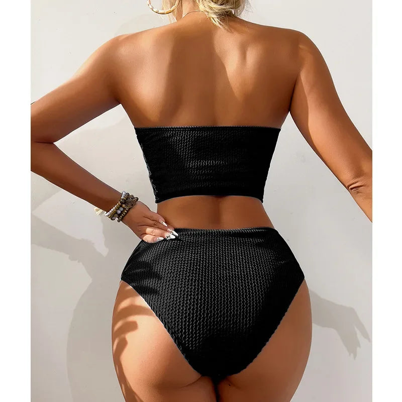 Sexy Bandeau Bikini 2025 Mujer Women Black Ribbed Push Up High Waist Swimsuit Summer Beach Bathing Suit Holiday Swimwear Biquini