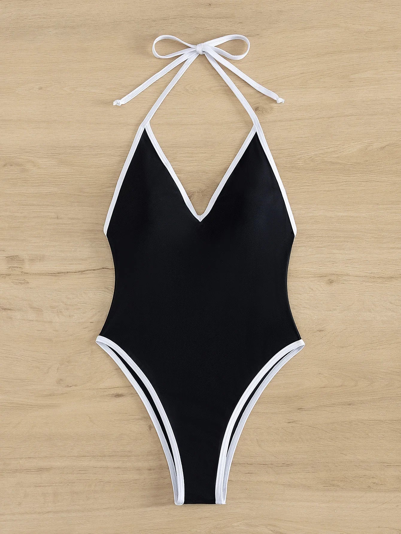 Sexy Deep V Neck One Piece Swimsuit 2025 Women Black Contrast Push Up Backless Slim Tummy Control Swimwear Beach Pool Bather