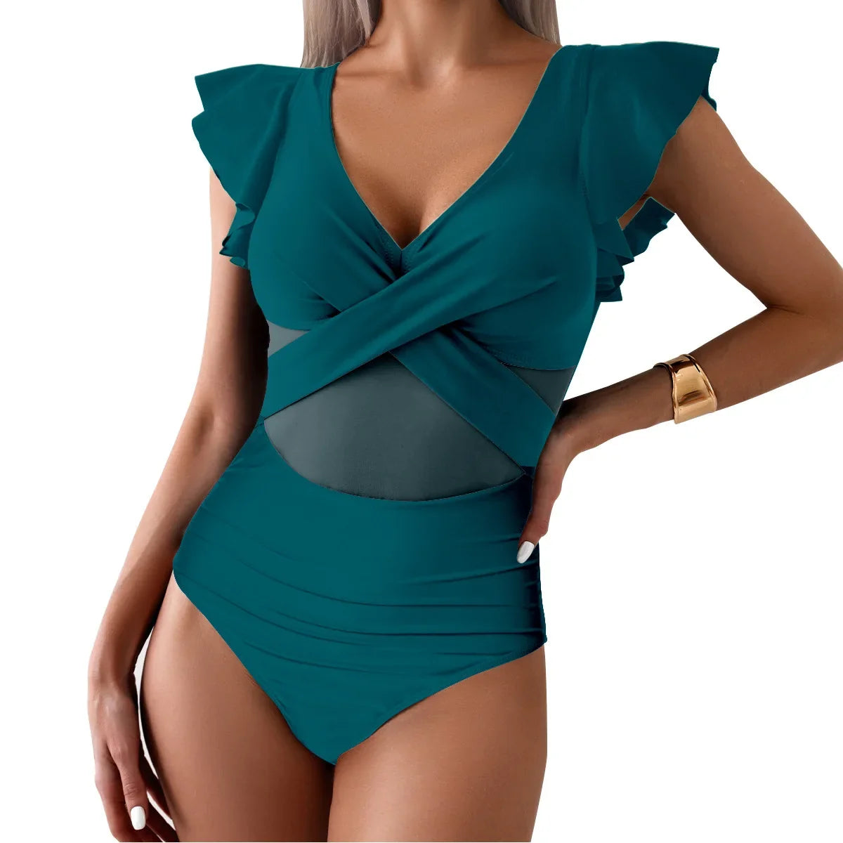 2026 Solid Women's Swimsuit Trend Tummy Control V Neck Sexy Black Bikini Ruched Bathing Suits Slim Fit Ruffle Sleeve Swimwear
