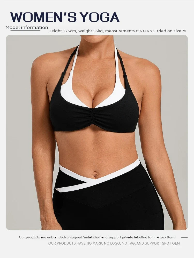 Women's Gym Workout Two-color Yoga Sports Bras Halter Neck Open Back Design Sports Tank Top Running Fitness Built-in Bra Cups
