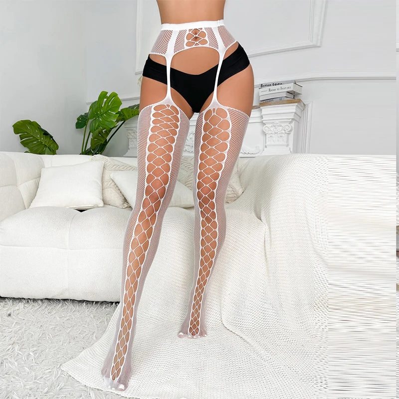 Women Sexy Lace Fishnet Stockings High Waist Vintage Crotchless Lolita-Inspired Pantyhose Sexy Lace Mesh Garter Tights