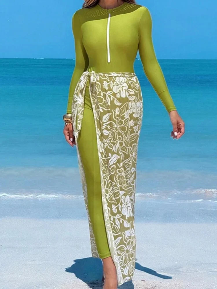 Vintage Mesh Skirt One Piece Swimwear Set 2026 Women Zipper Long Sleeve Shirts High Waist Panties Swimsuit Beach Bathing Suits