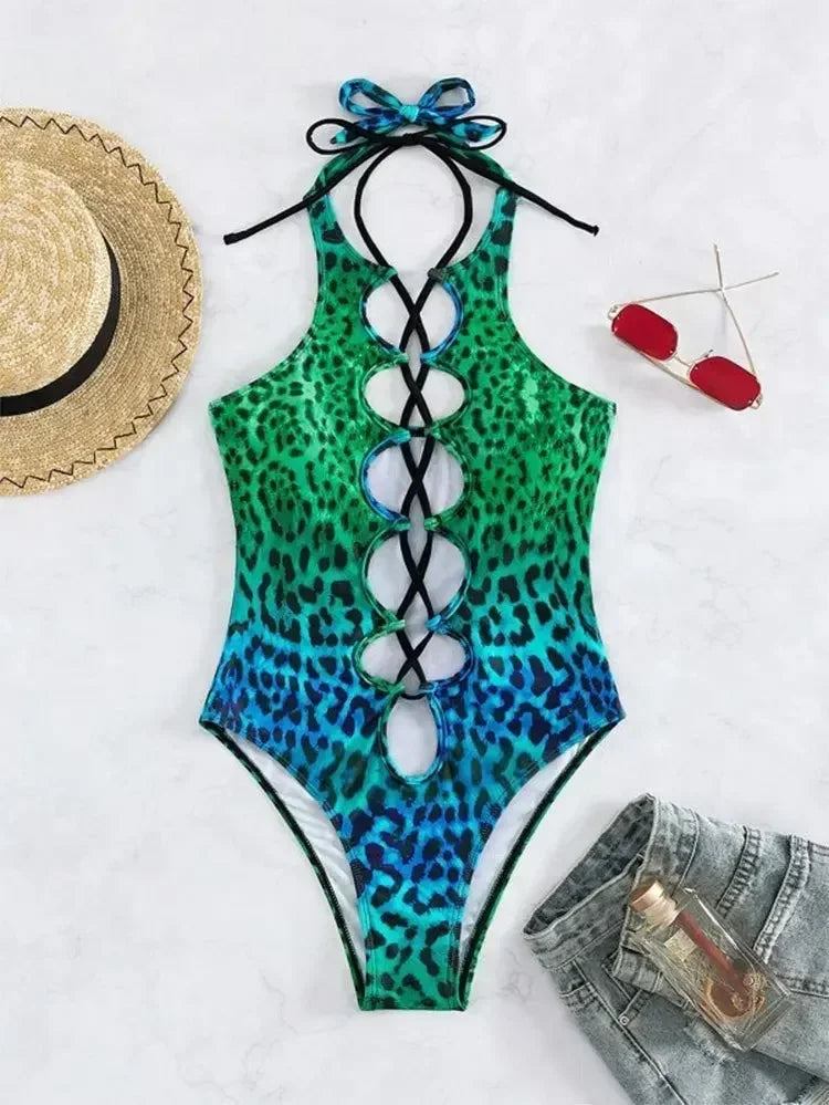Sexy Hollow Out One Piece Swimsuit 2025 Women Blue Leopard Print Gradient Bandage Backless Bikini Bathing Suit Thong Swimwear