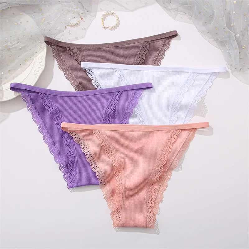 Women‘s Cotton Panties Low Waist Lace Briefs M-XL Comfortable Underwear Ladies Solid Color Underpants Girls Breathable Panty New