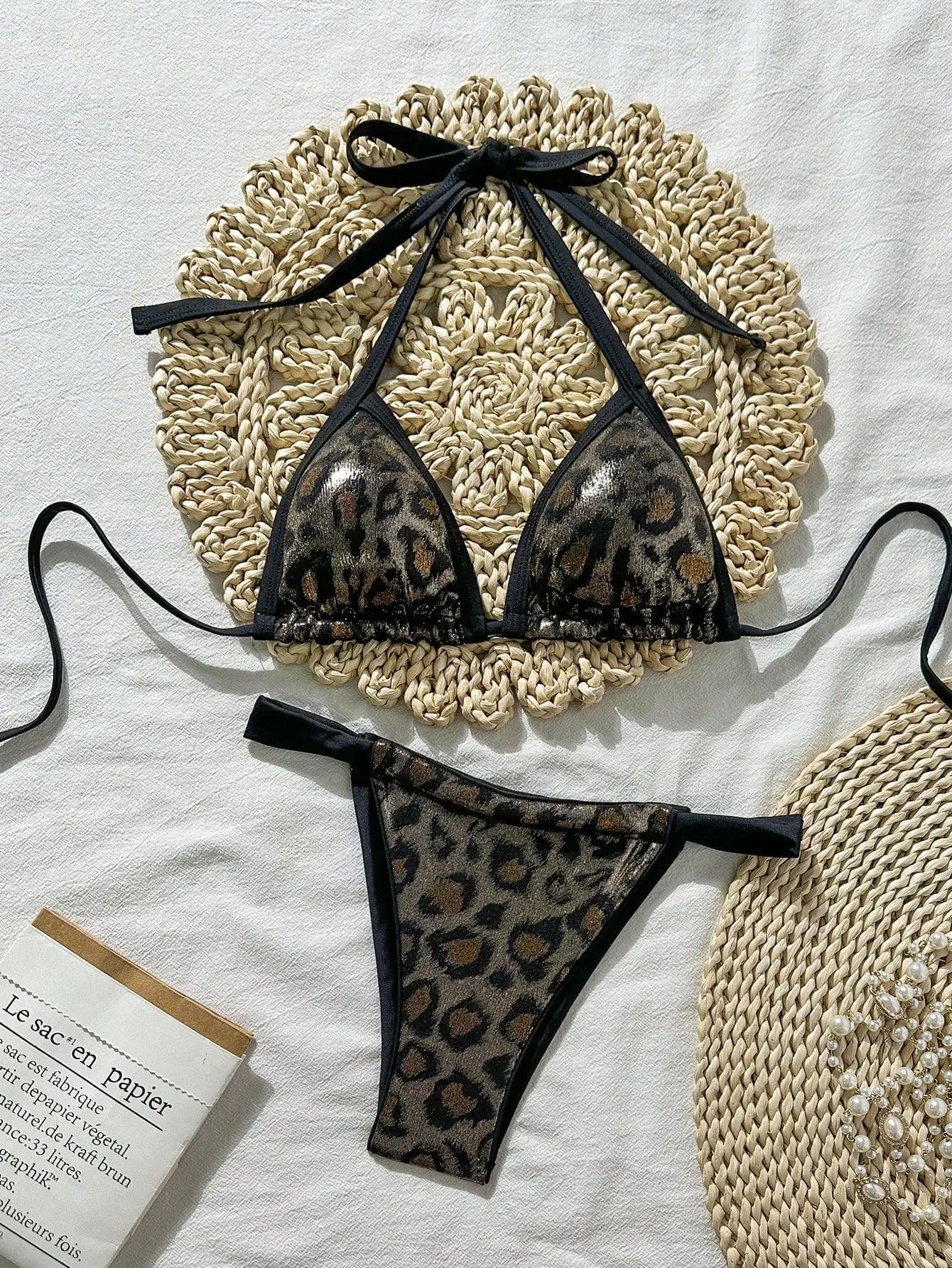Sexy Brozing Black Leopard Print Bikini Women Halter Push Up Bra Pleate Thong Swimsuit 2026 Beach Bathing Suit Holiday Swimwear