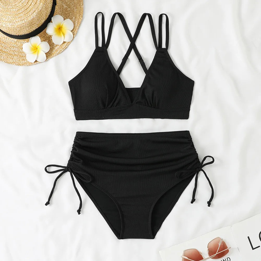 Women's Two Piece Swimsuit Black Double Strap Push Up Pleate Drawstring Side High Waist Bikini 2025 Beach Bathing Suit Swimwear