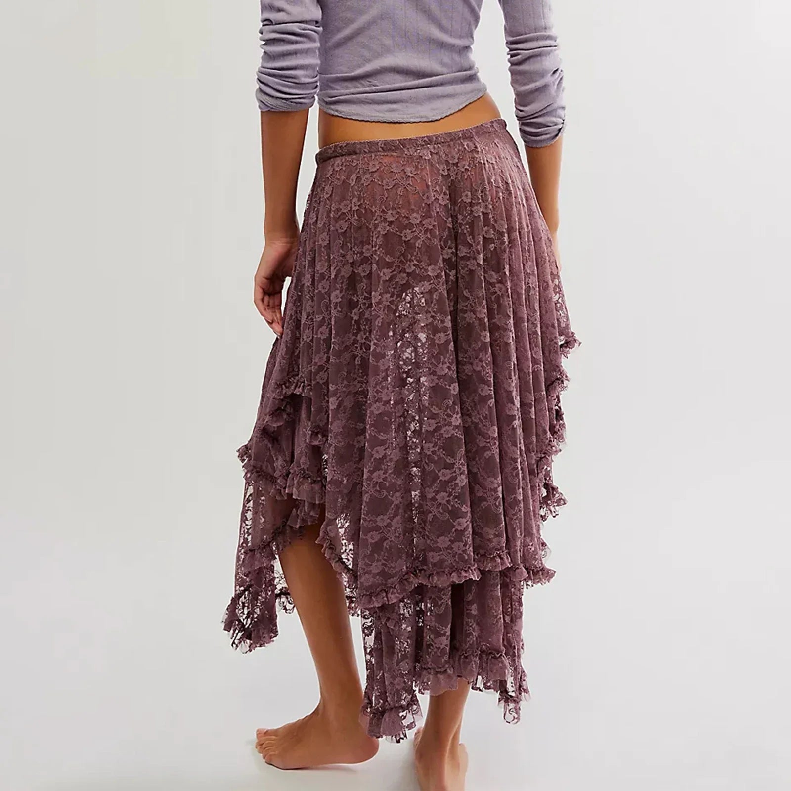 Vintage Lace Flower Women Midi Skirts Elastic High Waist Skirts Spring Summer Chic Irregular Hem Casual Female Skirts