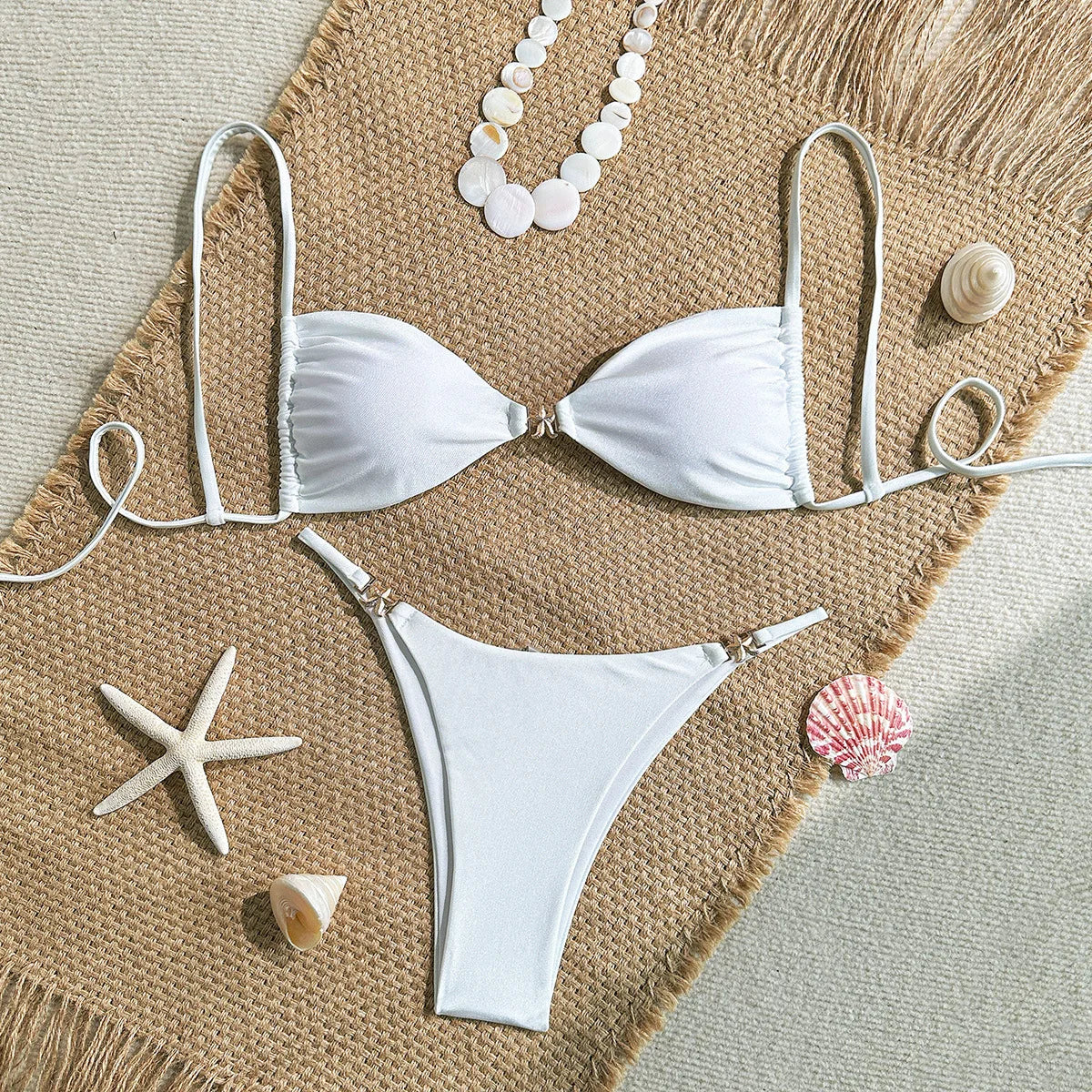 Sexy White Bikinis Sets Women Metal Starfish Pleate Push Up Bra Thong Swimsuit 2025 Summer Bathing Suit Micro Swimwear Biquini