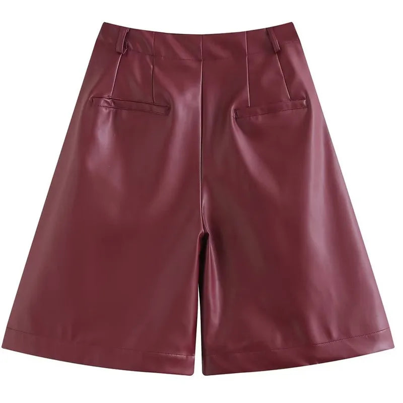 Burgundy Leather Wide Leg Shorts For Women High Waist With Pockets Stylish Daily Simple Casual Leather Button Zipper Shorts GQ6I