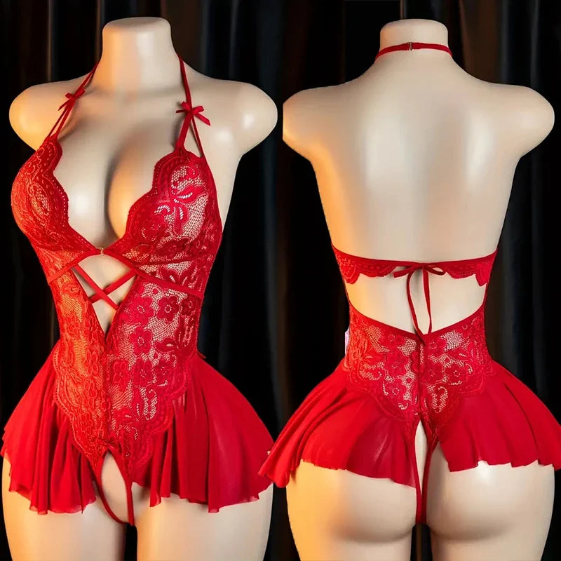 Pink Sexy Lingerie Women Hollow Open Bodysuit  Adult Apparel Teddy Crotchless Erotic Underwear One Piece V-neck Hot Lace Pajamas