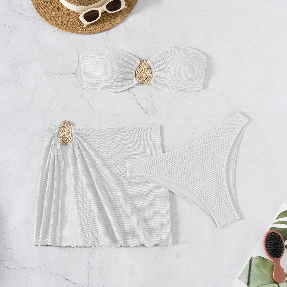 2026 New Sexy Bandeau Bikini Women Metal Water Droplet Ornament Push Up Mesh Skirt 3 Piece Swimsuit Beach Bathing Suit Swimwear
