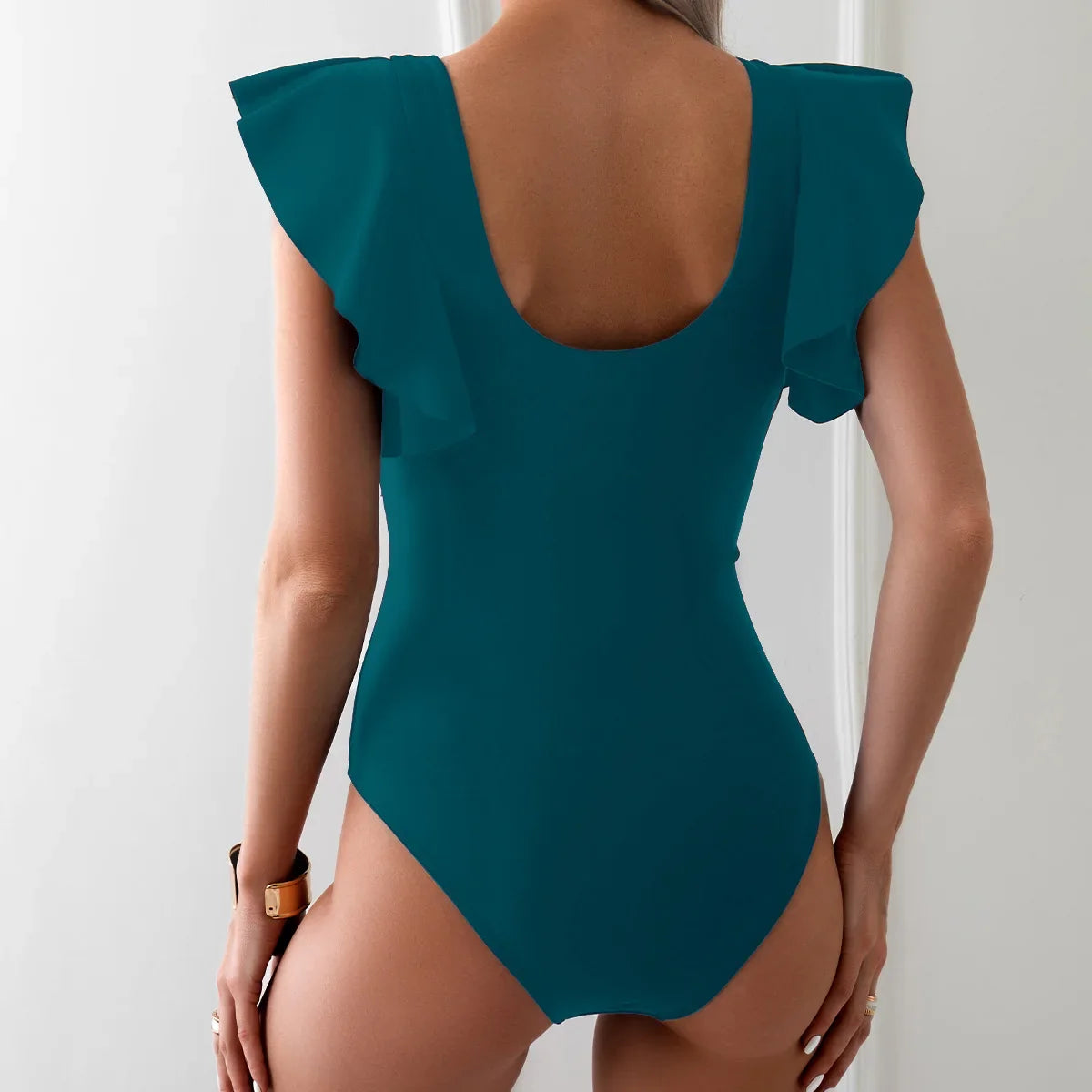 2026 Solid Women's Swimsuit Trend Tummy Control V Neck Sexy Black Bikini Ruched Bathing Suits Slim Fit Ruffle Sleeve Swimwear