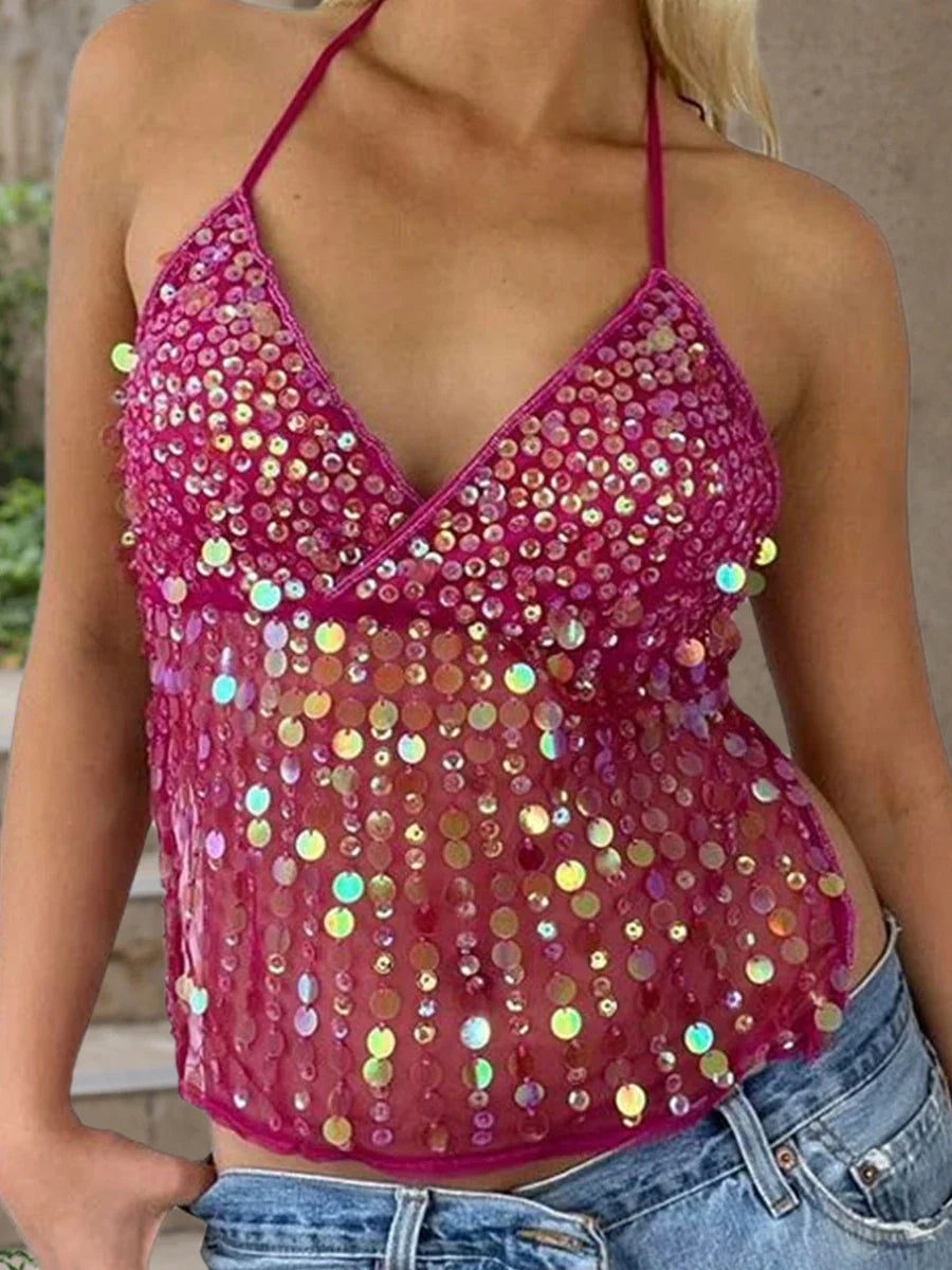 Women's Solid Color Halter Neck Crop Tops Summer Sleeveless V neck Open Back Slim Fit Tie Up Sequins Camis Tops