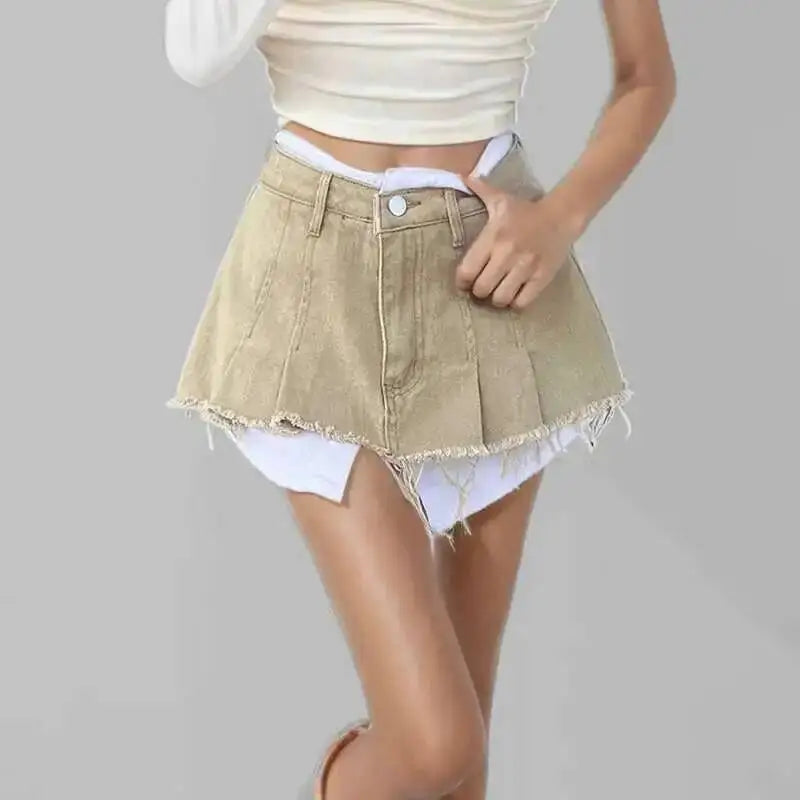 New Fashion Women's Irregular Fake Two-piece A-line Mini Denim Skirts 2026 Autumn Trendy High Waist Skirt Female Fashion XHV4