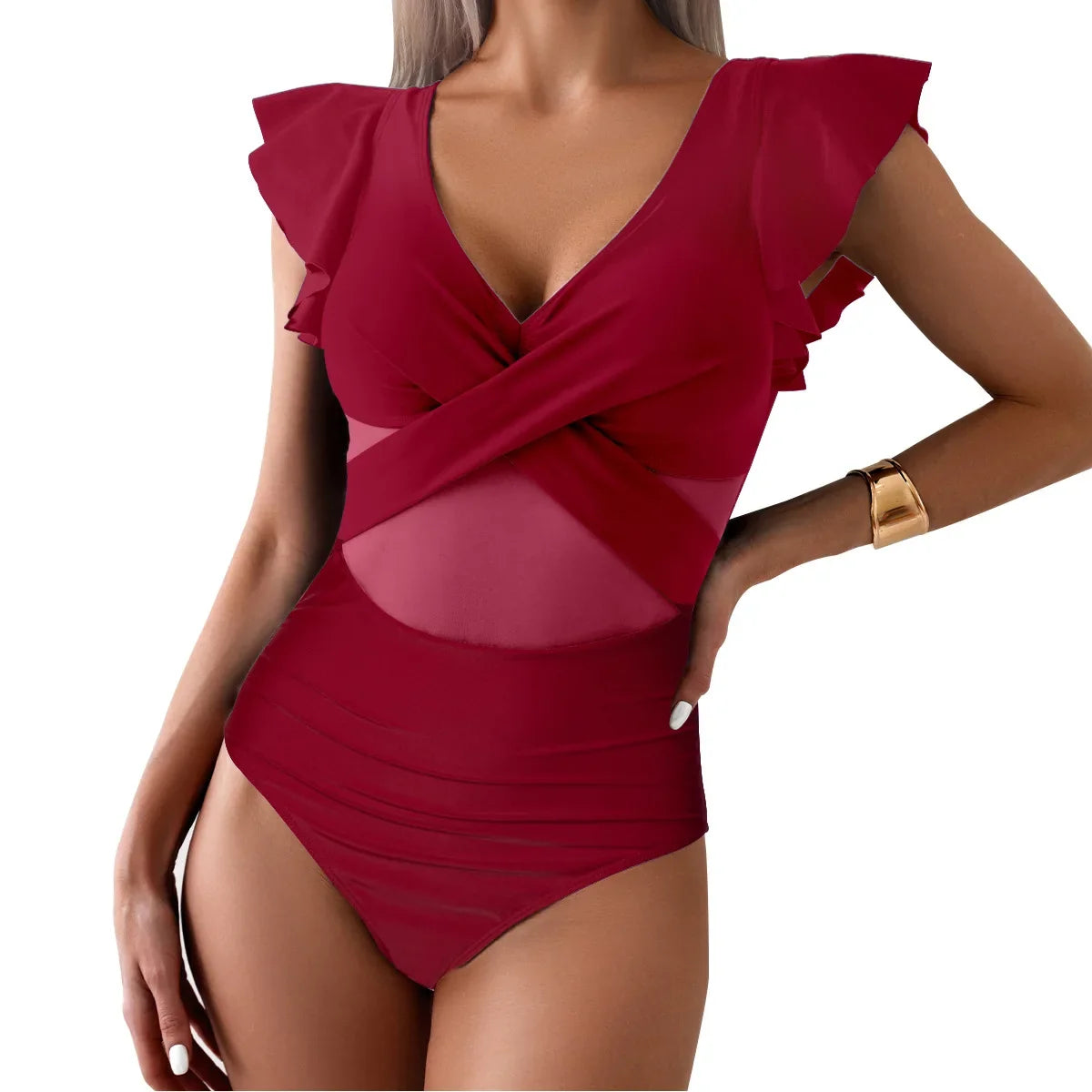 2026 Solid Women's Swimsuit Trend Tummy Control V Neck Sexy Black Bikini Ruched Bathing Suits Slim Fit Ruffle Sleeve Swimwear
