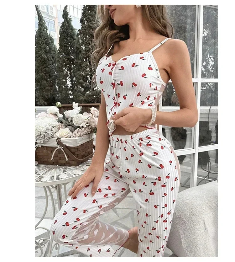 2-Piece Women's Sexy Transparent Mesh Lace Set with Ribbed Printed Strap Top and Pants Home Clothes Pajama Set
